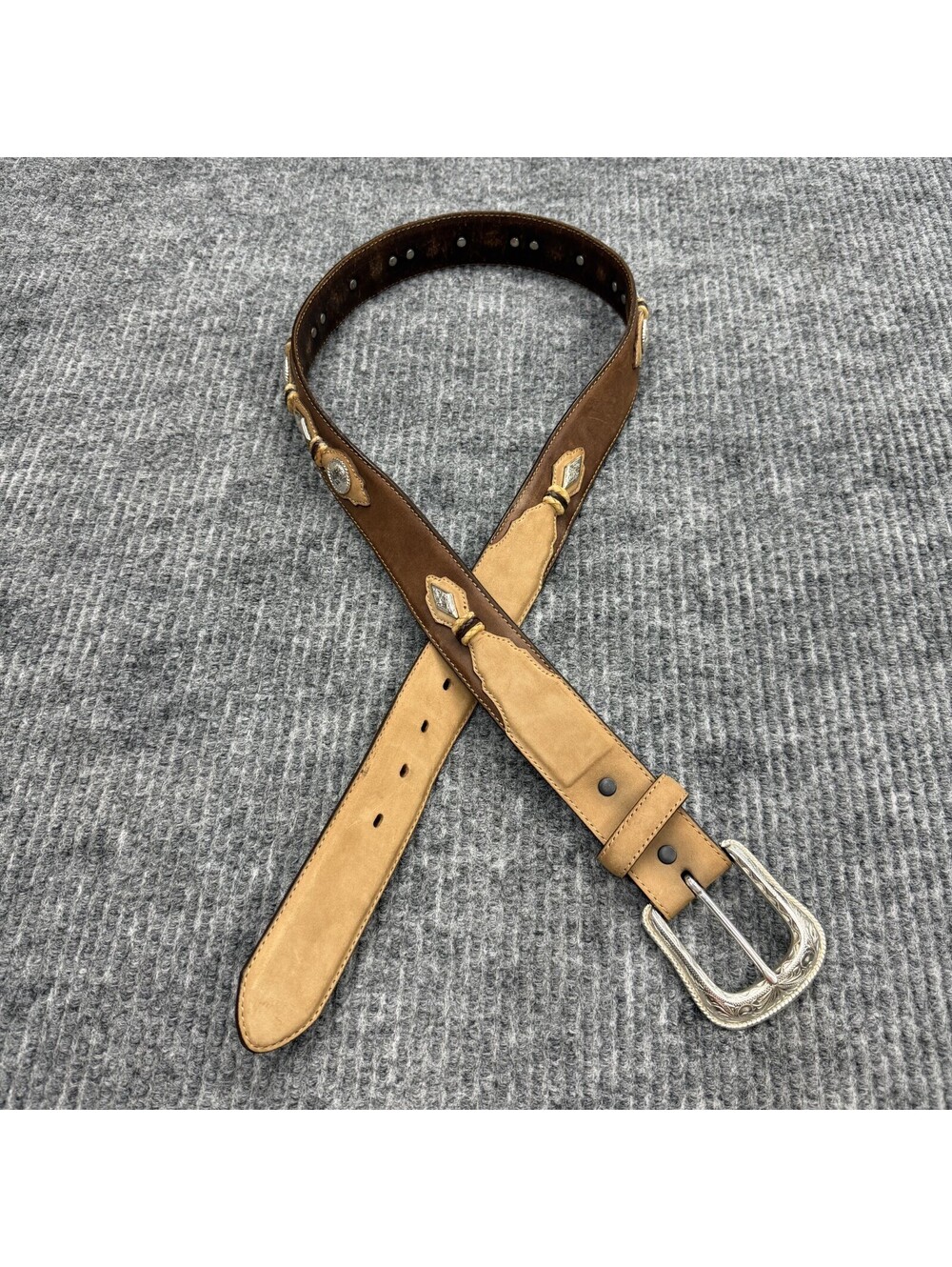 Justin Belt Mens 38 Brown Leather Western Concho Studded Engraved Silver Buckle - Picture 3 of 15